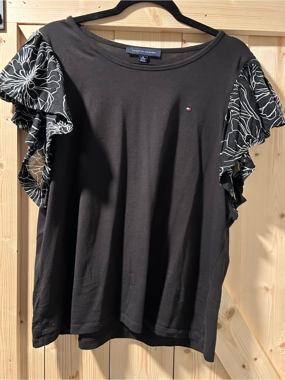 Tommy Hilfiger Black Tee with Floral Ruffle Sleeves